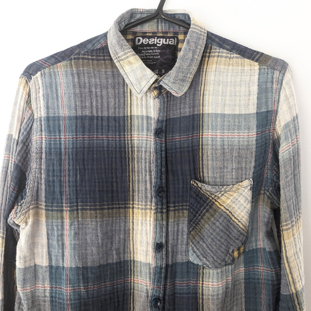 Desigual Men's Multicolor Plaid Button-Down Patchwork Accents Muslin Shirt ~ S/M